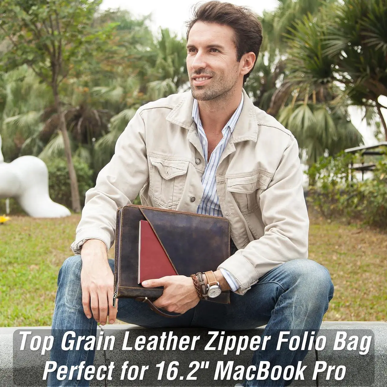 Alt view image 3 of 5 - CataPurus Top Grain Leather 16.2" Slim Laptop Zipper Folio Case Bag, Handmade & 2 Pockets, Compatible with MacBook Pro 16.2" A2485 M1 Max 15" Touch Bar A2141 A1707 Pro 16" Touch ID, Coffee 16.2 Inch