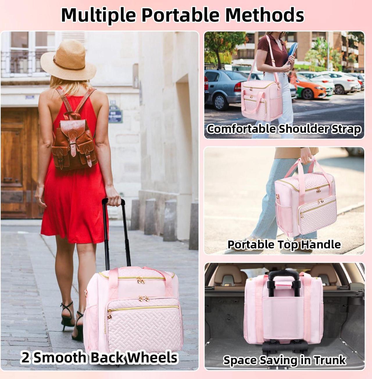 Alt view image 5 of 5 - Covkev Rolling Teacher Tote Bag with Detachable Trolley, Wheeled Teacher Bag with 15 Inch Laptop Compartment, Soft Nylon Multifunctional Tote Bag with Wheels for Teaching& Office Supplies (Pink)