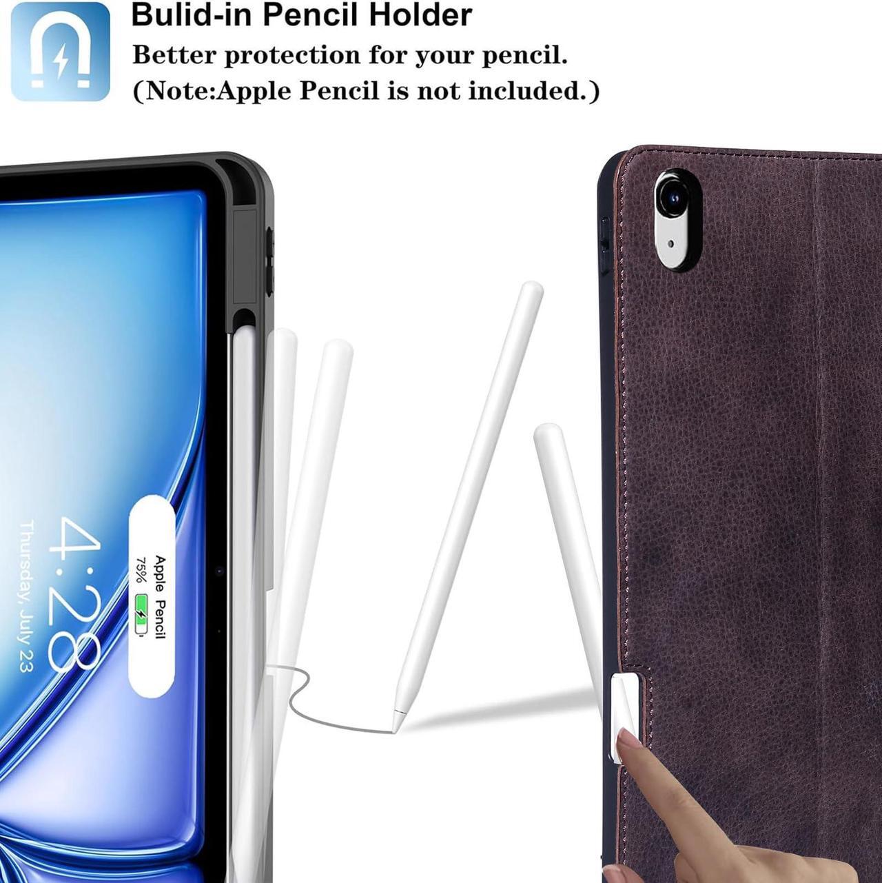 Alt view image 4 of 5 - Gexmil Genuine Leather Case for iPad Air 13 Inch M2 2024 with Pencil Holder,Protective Shockproof Smart Premium Leather Folio Cover Adjustable Stand Auto Sleep/Wake Anti-Slip, Sanded Brown