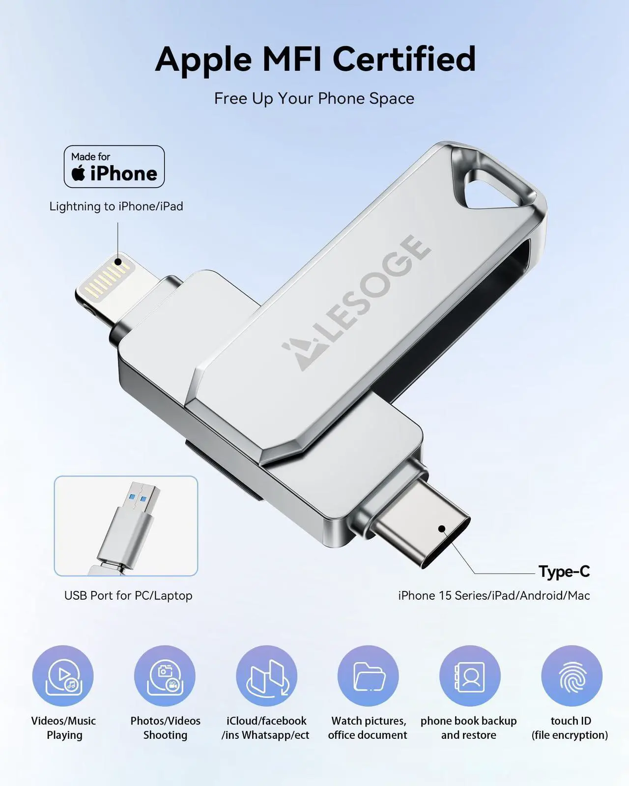 Alt view image 2 of 5 - MFi Certified Flash Drive 512GB Thumb Drive USB Memory Stick High Speed External Storage Jump Drive USB Stick Photo Stick for iPhone/iPad/Android/PC and More Devices