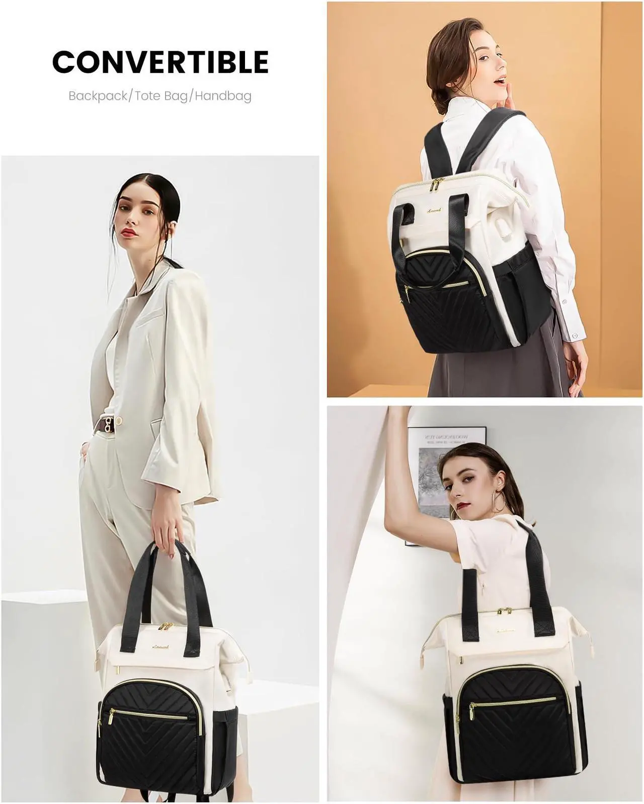 Alt view image 2 of 5 - LOVEVOOK Laptop Backpack for Women, 15.6 Inch Work Laptop Bag,Waterproof Teacher Nurse Bag with USB Port, Fashion Travel Bag Business Computer Backpack Purse,Black-Cream White