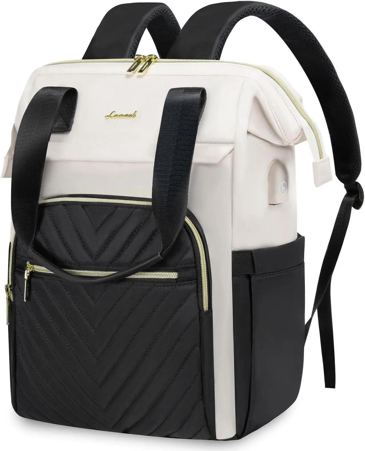 Main image of LOVEVOOK Laptop Backpack for Women, 15.6 Inch Work Laptop Bag,Waterproof Teacher Nurse Bag with USB Port, Fashion Travel Bag Business Computer Backpack Purse,Black-Cream White