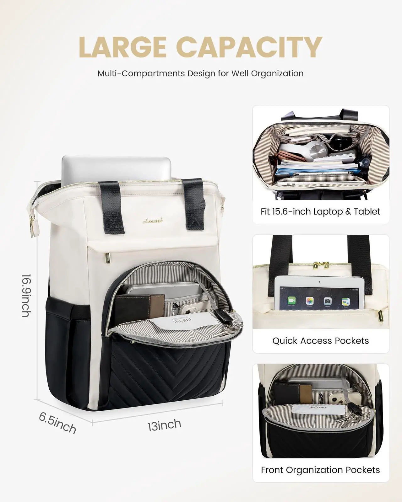 Alt view image 3 of 5 - LOVEVOOK Laptop Backpack for Women, 15.6 Inch Work Laptop Bag,Waterproof Teacher Nurse Bag with USB Port, Fashion Travel Bag Business Computer Backpack Purse,Black-Cream White