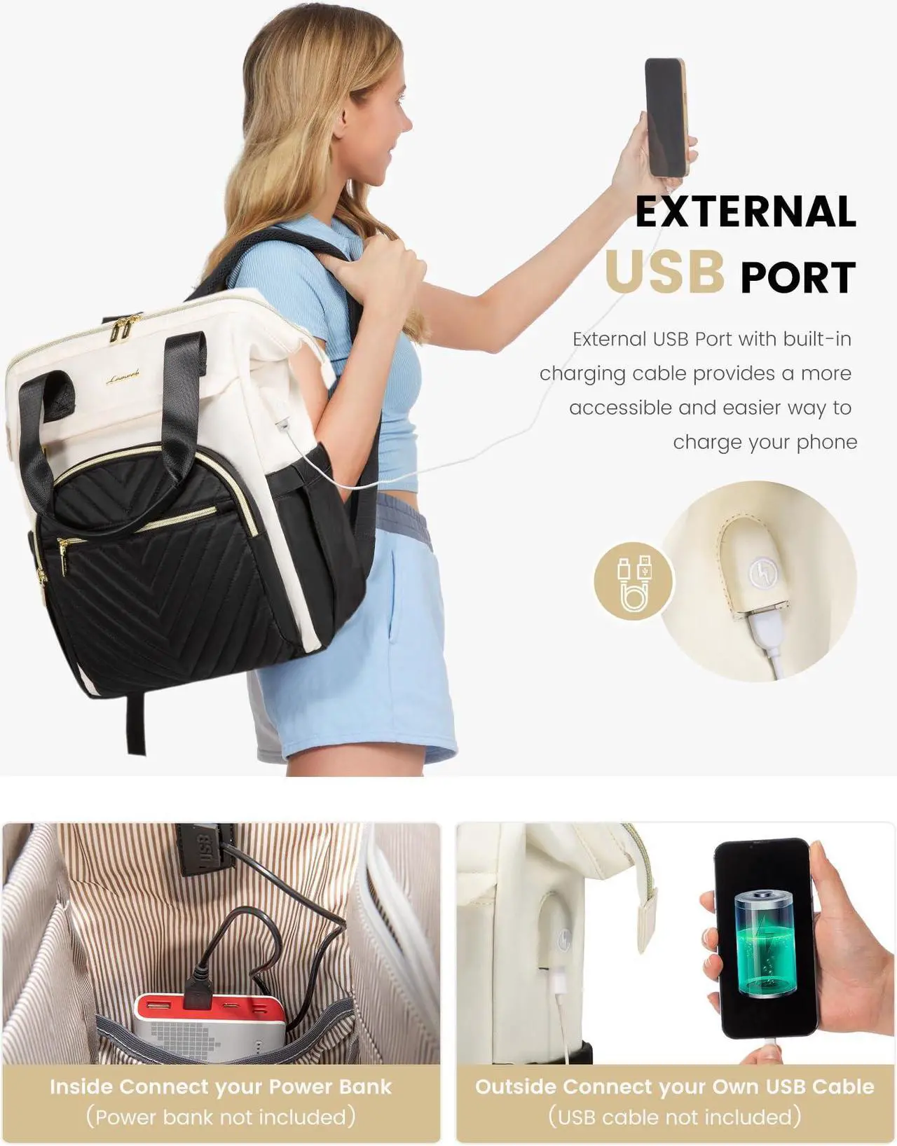 Alt view image 5 of 5 - LOVEVOOK Laptop Backpack for Women, 15.6 Inch Work Laptop Bag,Waterproof Teacher Nurse Bag with USB Port, Fashion Travel Bag Business Computer Backpack Purse,Black-Cream White