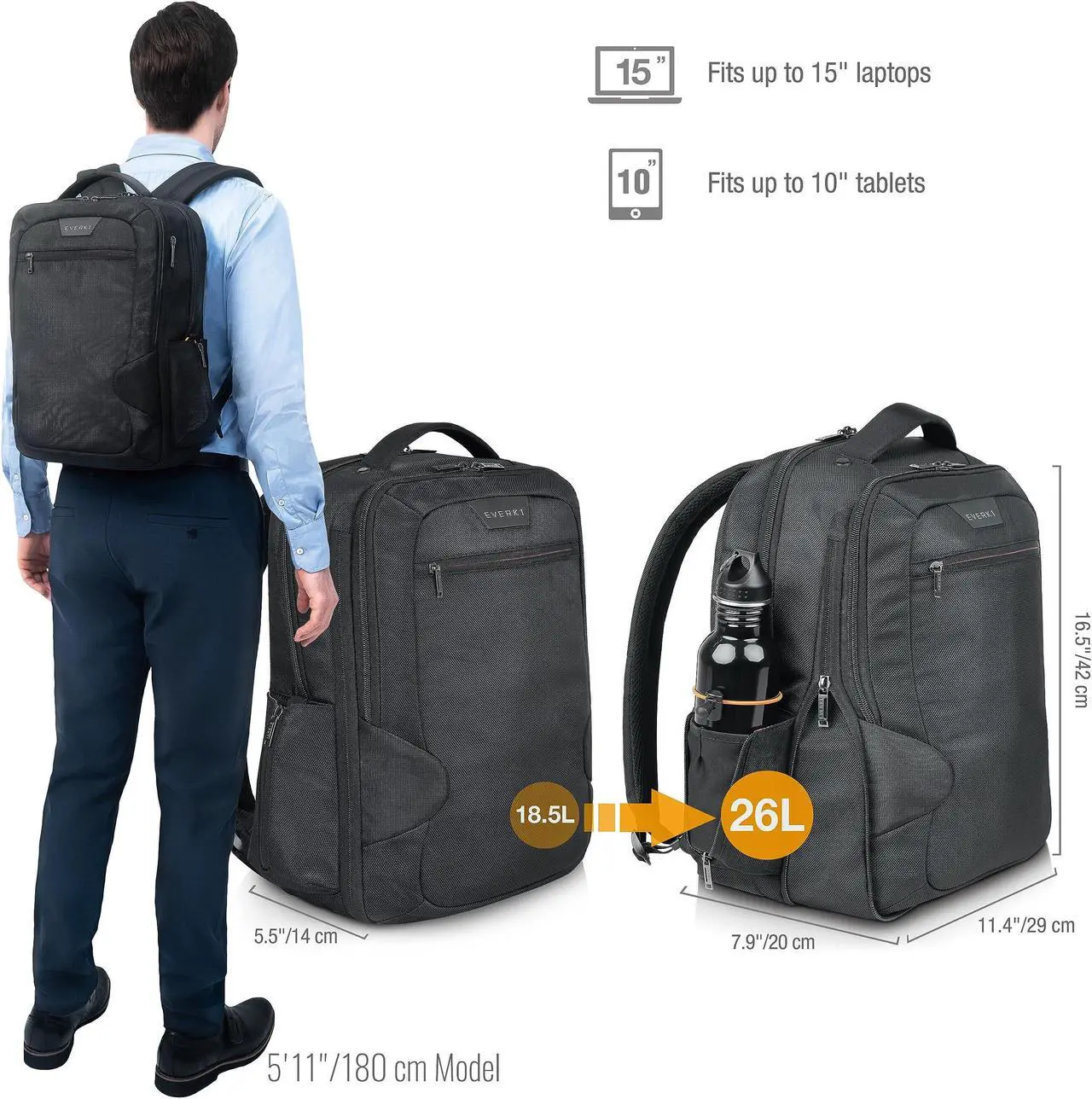 Alt view image 2 of 5 - Everki Studio Expandable 15 Inch MacBook & Laptop Backpack for Men & Women, Travel Friendly Backpack, Professional Office Backpack for Men, Bookbag and Computer Backpack, Offers 26L Capacity - Black