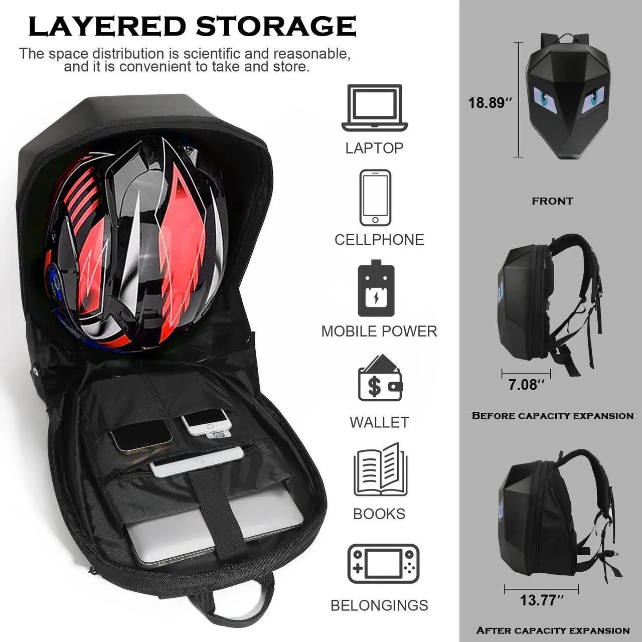 Alt view image 2 of 5 - Ruconla LED Backpack Laptop Bag Motorcycle Riding Backpack, Hard Shell LED Motorbike Luggage Bags High-Capacity Helmet, Waterproof Backpack With Programmable Screen