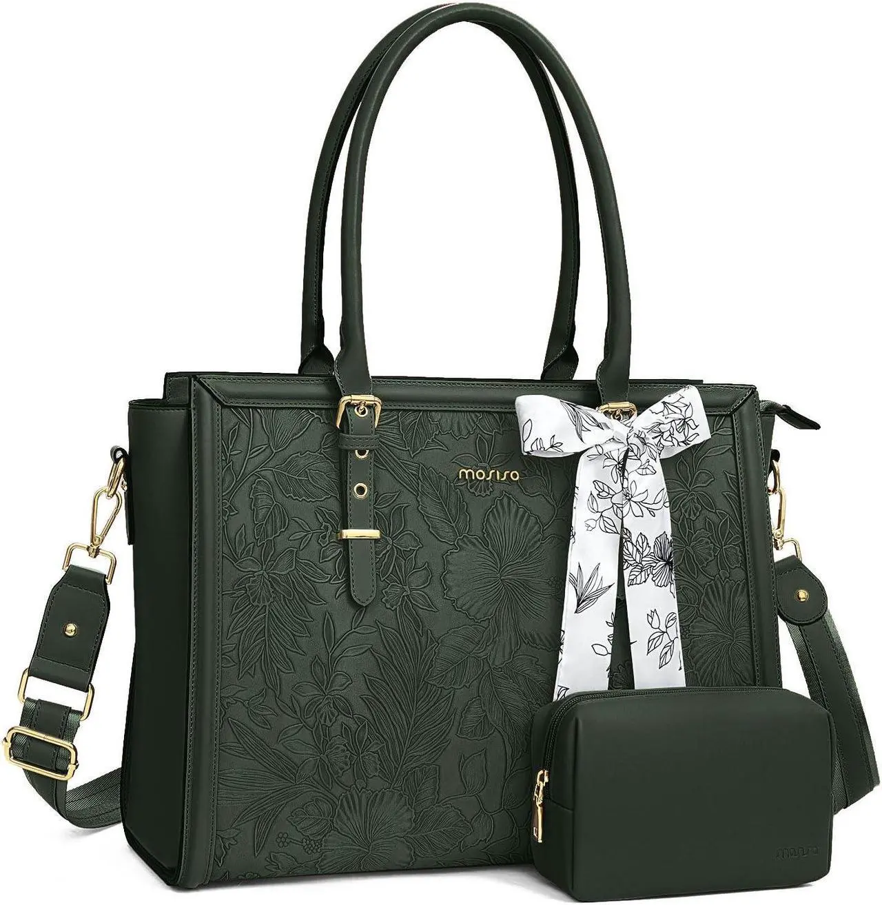 Main image of MOSISO Laptop Bag for Women, 15.6-16 inch PU Leather Tote Bag Compatible with MacBook, HP, Dell, Asus Notebook, Front Embossed Retro Hibiscus Computer Bag with Silk Scarf&Clutch Purse, Emerald Green
