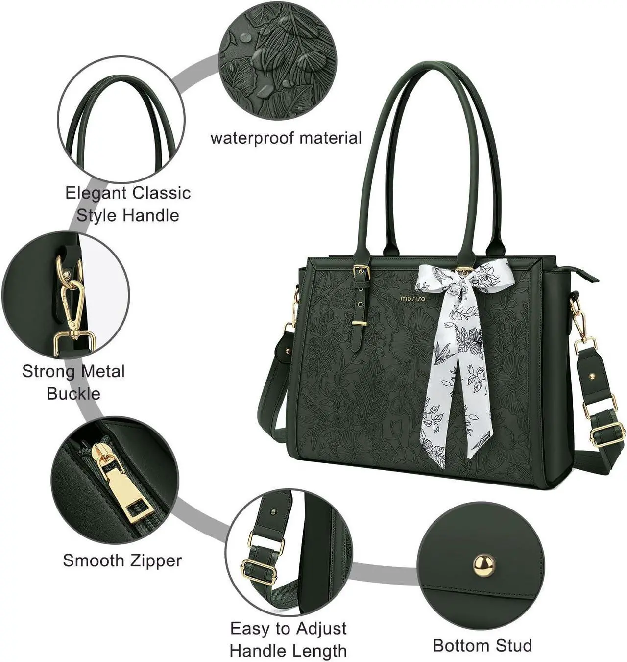 Alt view image 2 of 5 - MOSISO Laptop Bag for Women, 15.6-16 inch PU Leather Tote Bag Compatible with MacBook, HP, Dell, Asus Notebook, Front Embossed Retro Hibiscus Computer Bag with Silk Scarf&Clutch Purse, Emerald Green