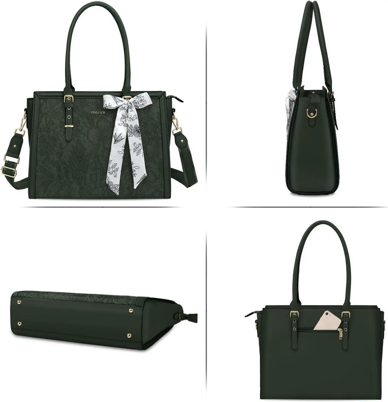 Alt view image 4 of 5 - MOSISO Laptop Bag for Women, 15.6-16 inch PU Leather Tote Bag Compatible with MacBook, HP, Dell, Asus Notebook, Front Embossed Retro Hibiscus Computer Bag with Silk Scarf&Clutch Purse, Emerald Green