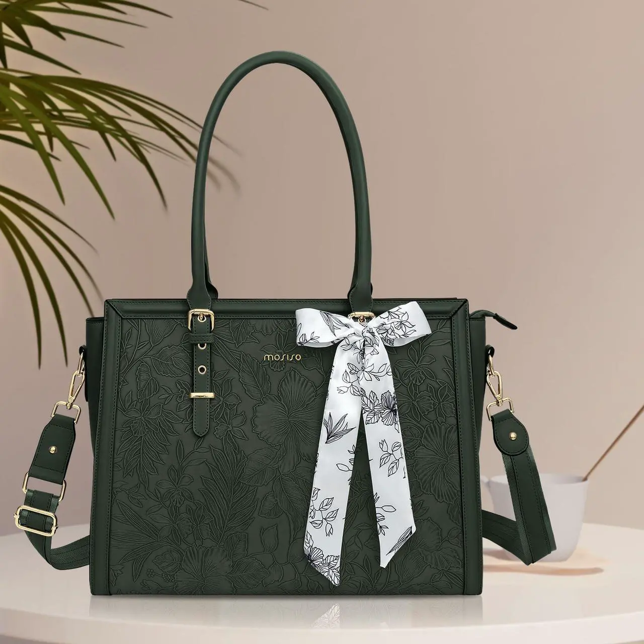 Alt view image 5 of 5 - MOSISO Laptop Bag for Women, 15.6-16 inch PU Leather Tote Bag Compatible with MacBook, HP, Dell, Asus Notebook, Front Embossed Retro Hibiscus Computer Bag with Silk Scarf&Clutch Purse, Emerald Green