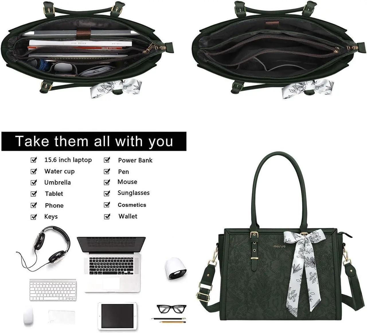 Alt view image 3 of 5 - MOSISO Laptop Bag for Women, 15.6-16 inch PU Leather Tote Bag Compatible with MacBook, HP, Dell, Asus Notebook, Front Embossed Retro Hibiscus Computer Bag with Silk Scarf&Clutch Purse, Emerald Green