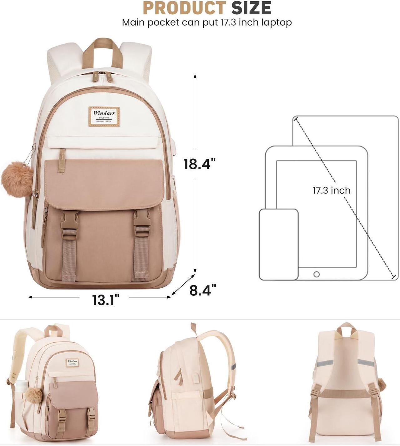 Alt view image 3 of 5 - WINDARS School Backpack for Teen Girls, Cute College Backpacks for Women Students Aesthetic Bookbag Large 17.3 Inch Laptop Bag Middle School Travel Back Pack (Khaki Beige)