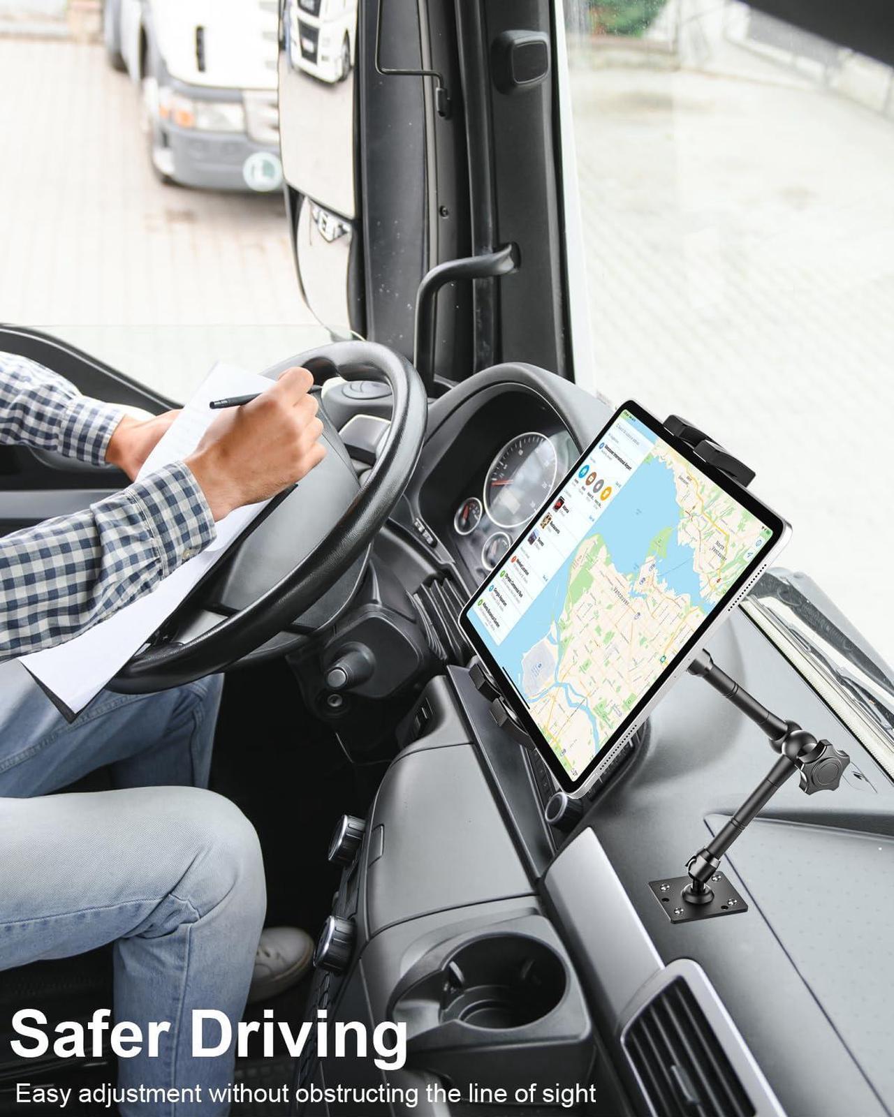 Alt view image 4 of 5 - woleyi Drill Base Tablet Mount for Truck - [Metal Long Arm] Heavy Duty Truck Tablet Holder Dashboard Car Mount for Commercial Vehicles, Semi Trucks, for 4.7-13" iPad Pro, Air, Mini, Galaxy Tab, Z Fold