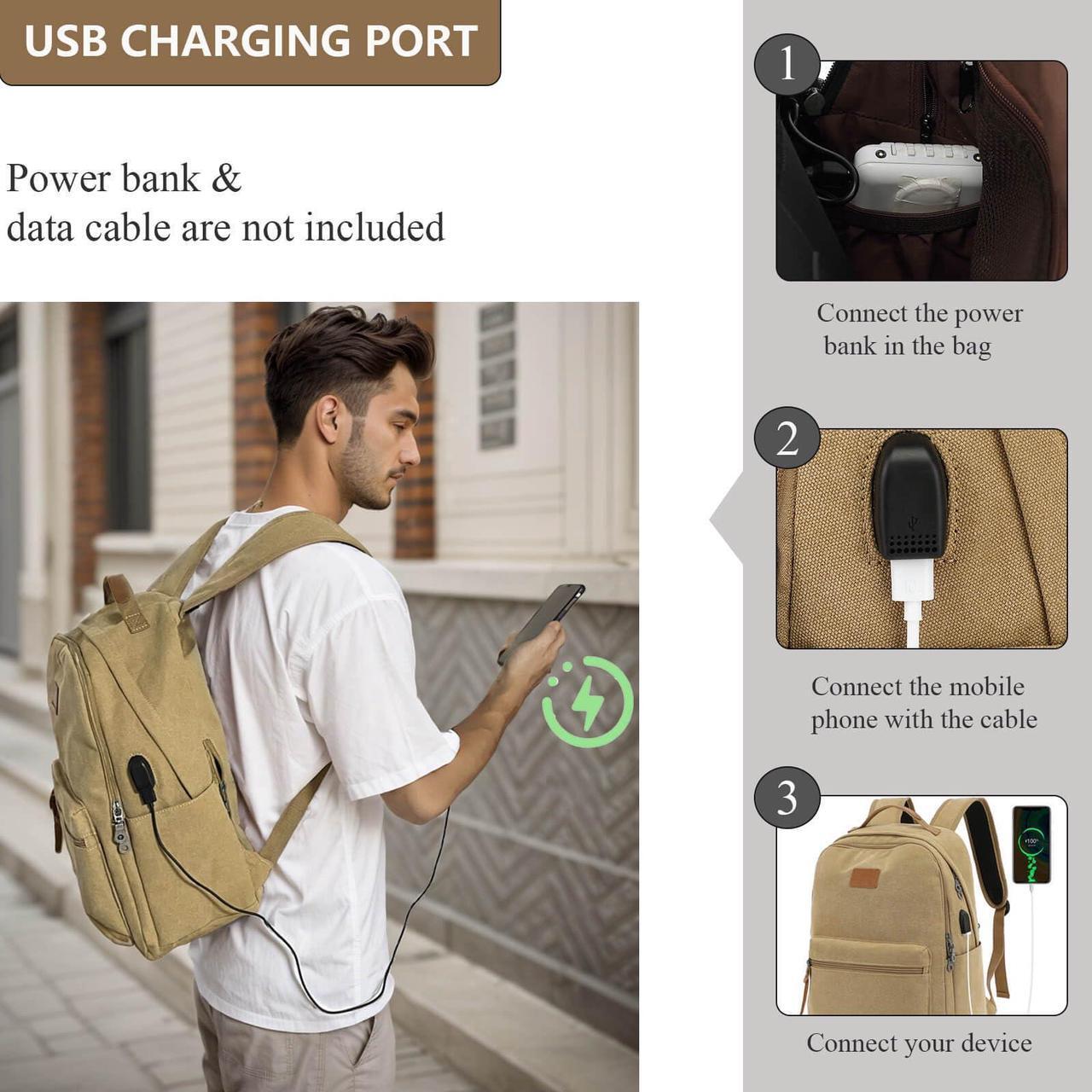 Alt view image 5 of 5 - WZLMOUAO Waterproof Canvas Backpack, Laptop Backpack with USB Charging Port, Vintage Backpack for College Students, Casual Daypack for Men & Women, Travel Work Backpack Fits 15.6 Inch Laptop, Brown