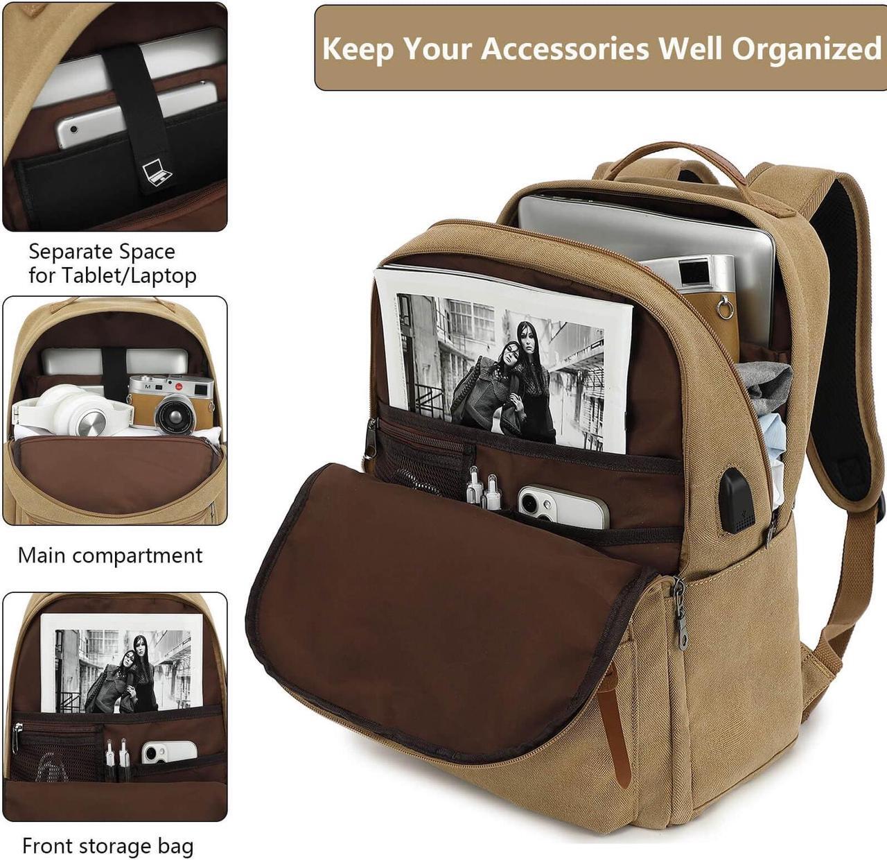 Alt view image 4 of 5 - WZLMOUAO Waterproof Canvas Backpack, Laptop Backpack with USB Charging Port, Vintage Backpack for College Students, Casual Daypack for Men & Women, Travel Work Backpack Fits 15.6 Inch Laptop, Brown
