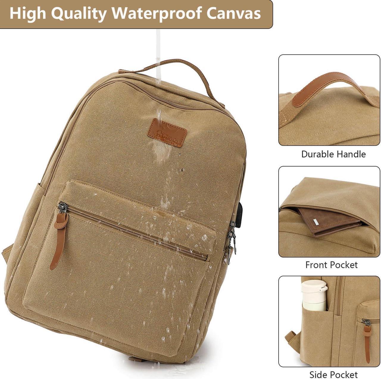 Alt view image 2 of 5 - WZLMOUAO Waterproof Canvas Backpack, Laptop Backpack with USB Charging Port, Vintage Backpack for College Students, Casual Daypack for Men & Women, Travel Work Backpack Fits 15.6 Inch Laptop, Brown