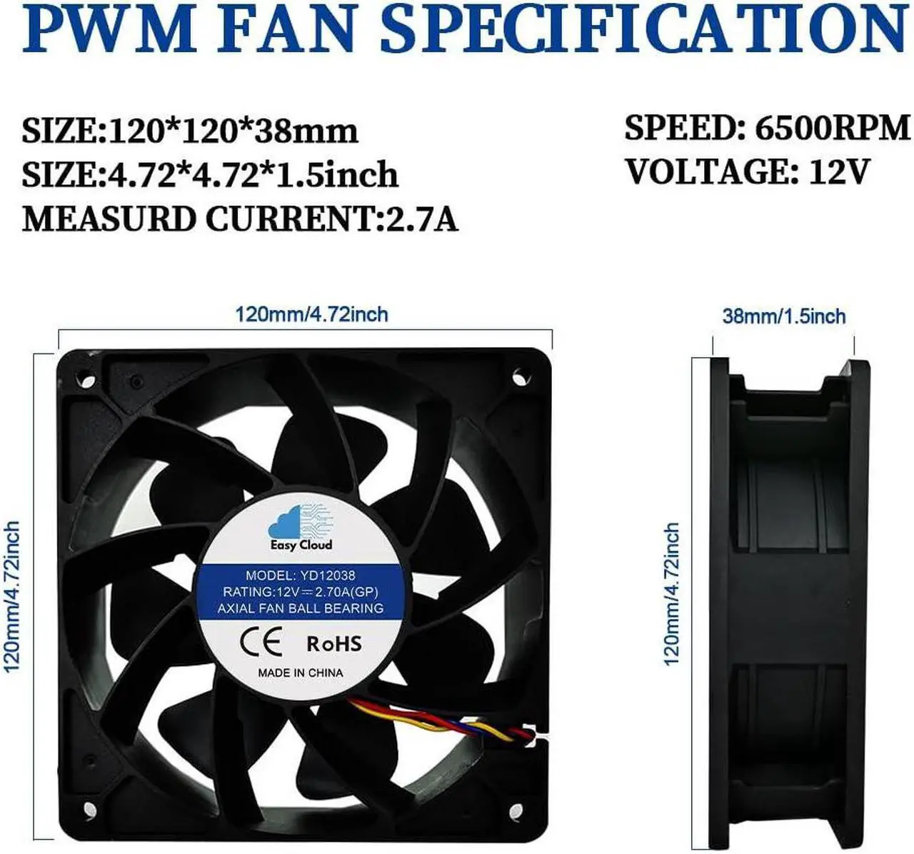 Alt view image 5 of 5 - Mining Fan for Antminer S19/S17+/T17/S9/S19J Miner Mining Machine, Ball Bearings 6000RPM High Speed Replacement Miner Cooling Fan,120x38mm, 4Pin, DC12V, 2.7A - 10 PACK