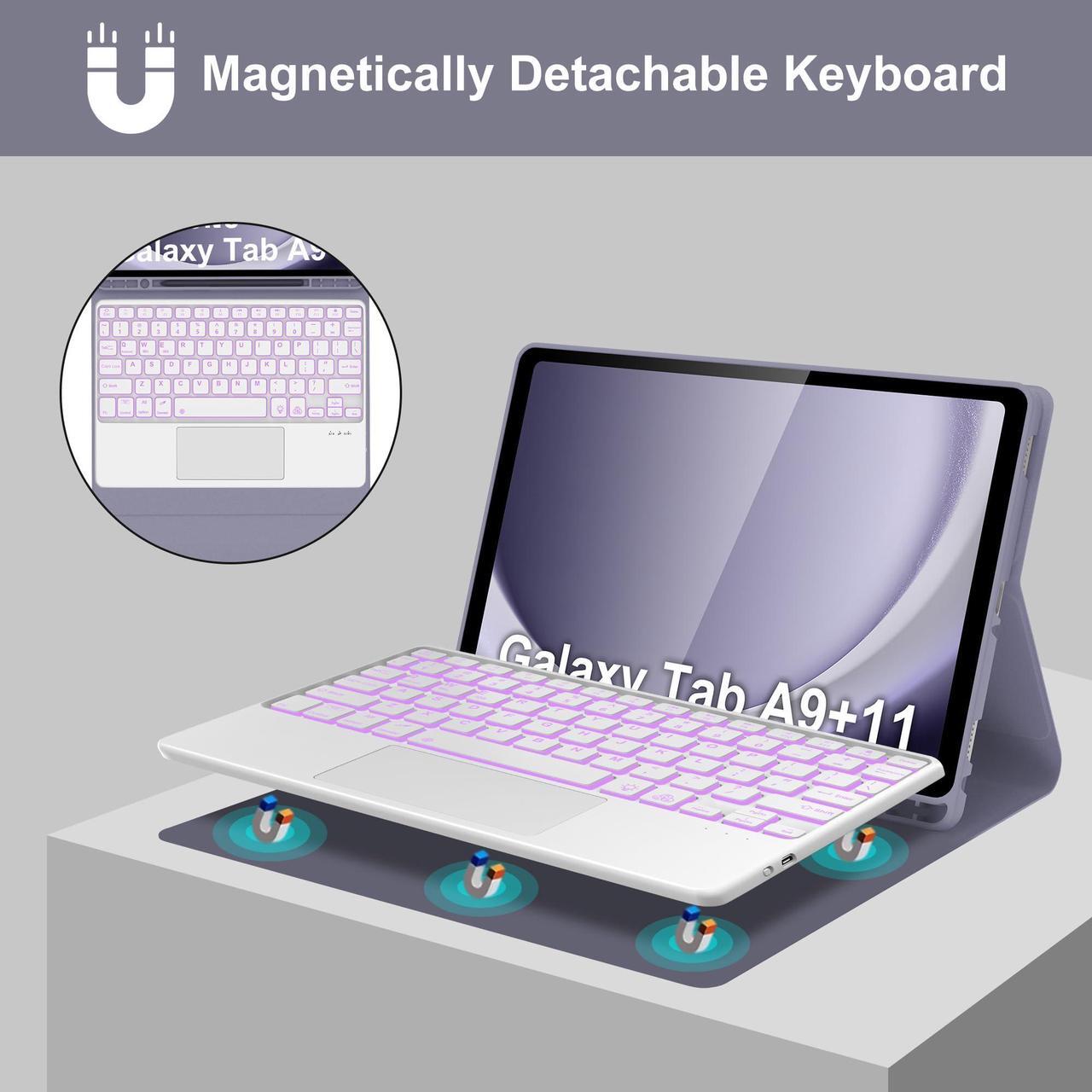 Alt view image 4 of 5 - Keyboard Case for Samsung Galaxy Tab A9 Plus11 inch/ A9+ 5G (Sm-X210/X216/X218), Detachable Wireless Bluetooth Keyboard with Trackpad,7 Colors RGB Backlit, Smart Folio Cover with S Pen Holder-Purple
