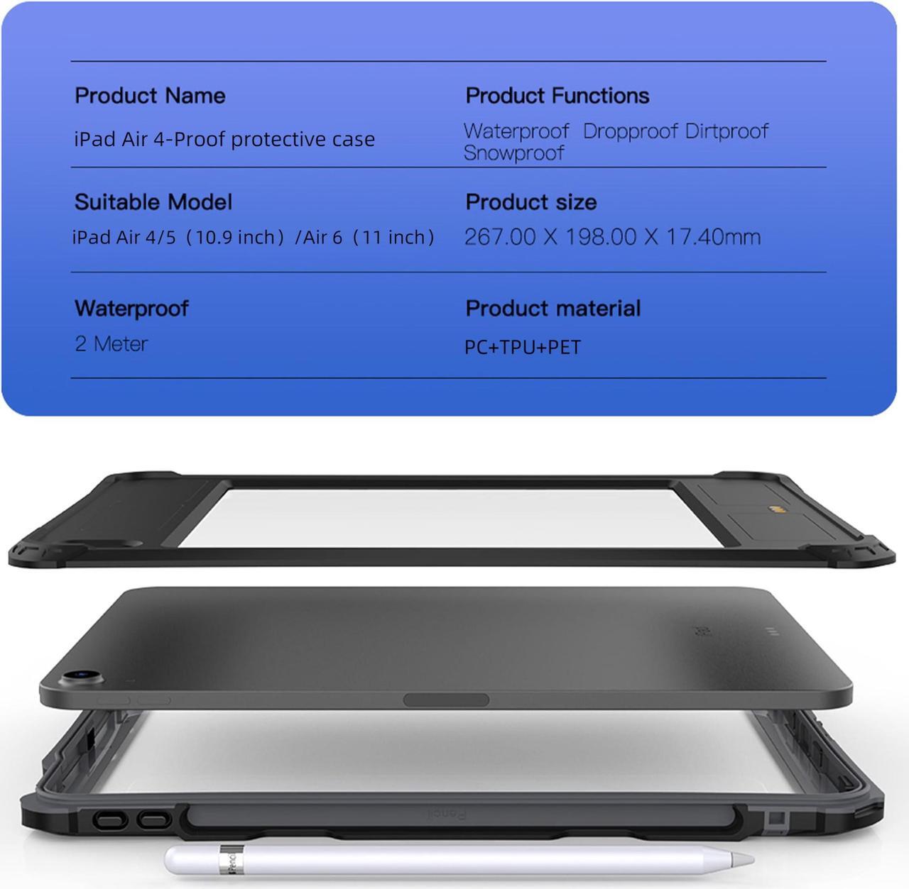 Alt view image 2 of 5 - FONREST IP68 Waterproof Case for iPad Air 6/5/4 Gen 11-inch M2 (2024) w/ [Pencil Holder] [Kickstand] [Lanyard] Shock-Dust-Proof Full-Sealing Watertight Cover Compatible with Magic Keyboard A2902/A2903