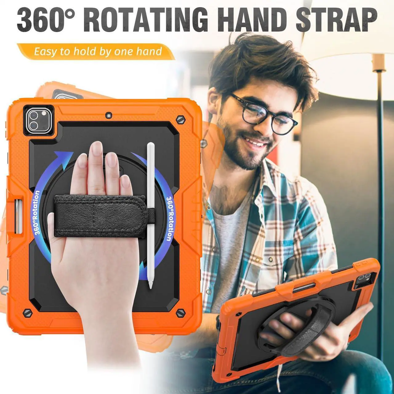 Alt view image 4 of 5 - HXCASEAC Case for iPad Pro 12.9 inch (Pro12.9 6th 5th 4th 3rd), Shockproof Design with Pencil Holder/Screen Protector/Hand Strap, Protective for iPad 12.9 Pro Case 2022/2021/2020/2018 - Orange