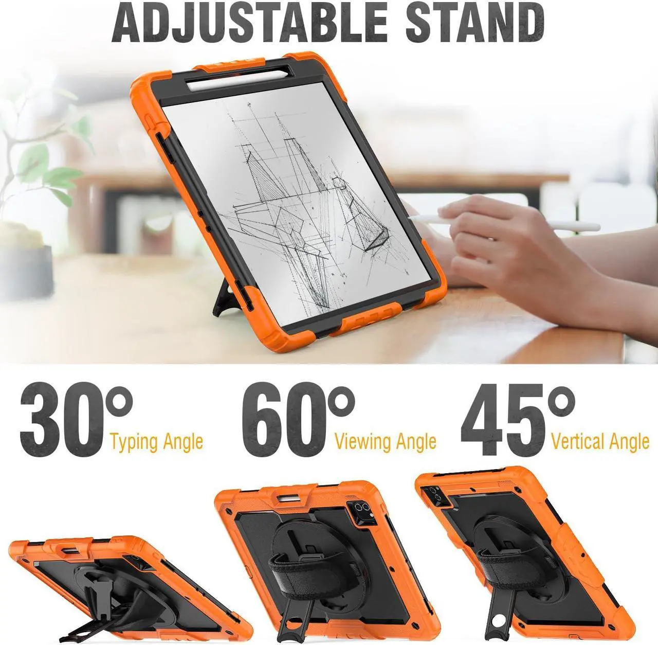 Alt view image 5 of 5 - HXCASEAC Case for iPad Pro 12.9 inch (Pro12.9 6th 5th 4th 3rd), Shockproof Design with Pencil Holder/Screen Protector/Hand Strap, Protective for iPad 12.9 Pro Case 2022/2021/2020/2018 - Orange