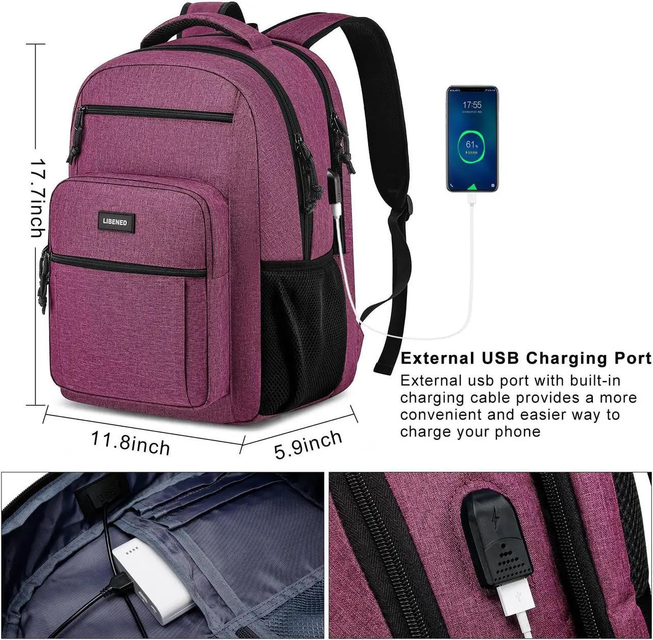 Alt view image 3 of 5 - LIBENED School Backpack for Teens Girls and Boys, Lightweight and Sturdy Bookbag for College with USB Charging Port, Red