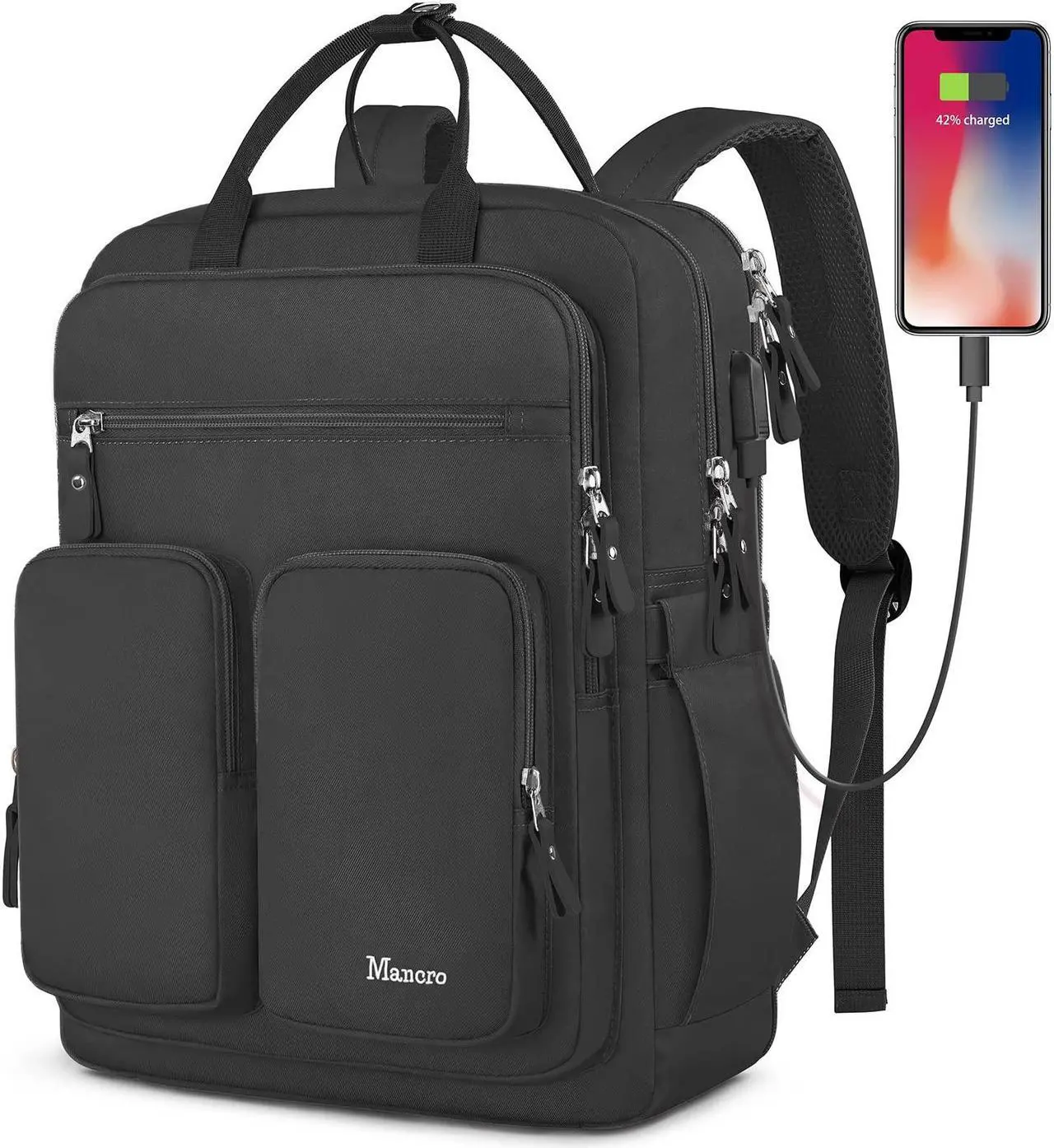 Main image of Mancro Travel Backpack for Women with TSA Laptop Compartment, 15.6 Inch Laptop Backpack with USB Charging Port and Dry-Wet Pocket, Fashion Computer Backpack for Women, Black