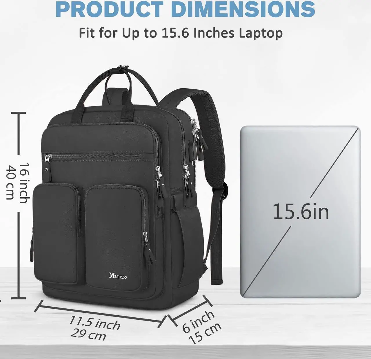 Alt view image 3 of 5 - Mancro Travel Backpack for Women with TSA Laptop Compartment, 15.6 Inch Laptop Backpack with USB Charging Port and Dry-Wet Pocket, Fashion Computer Backpack for Women, Black