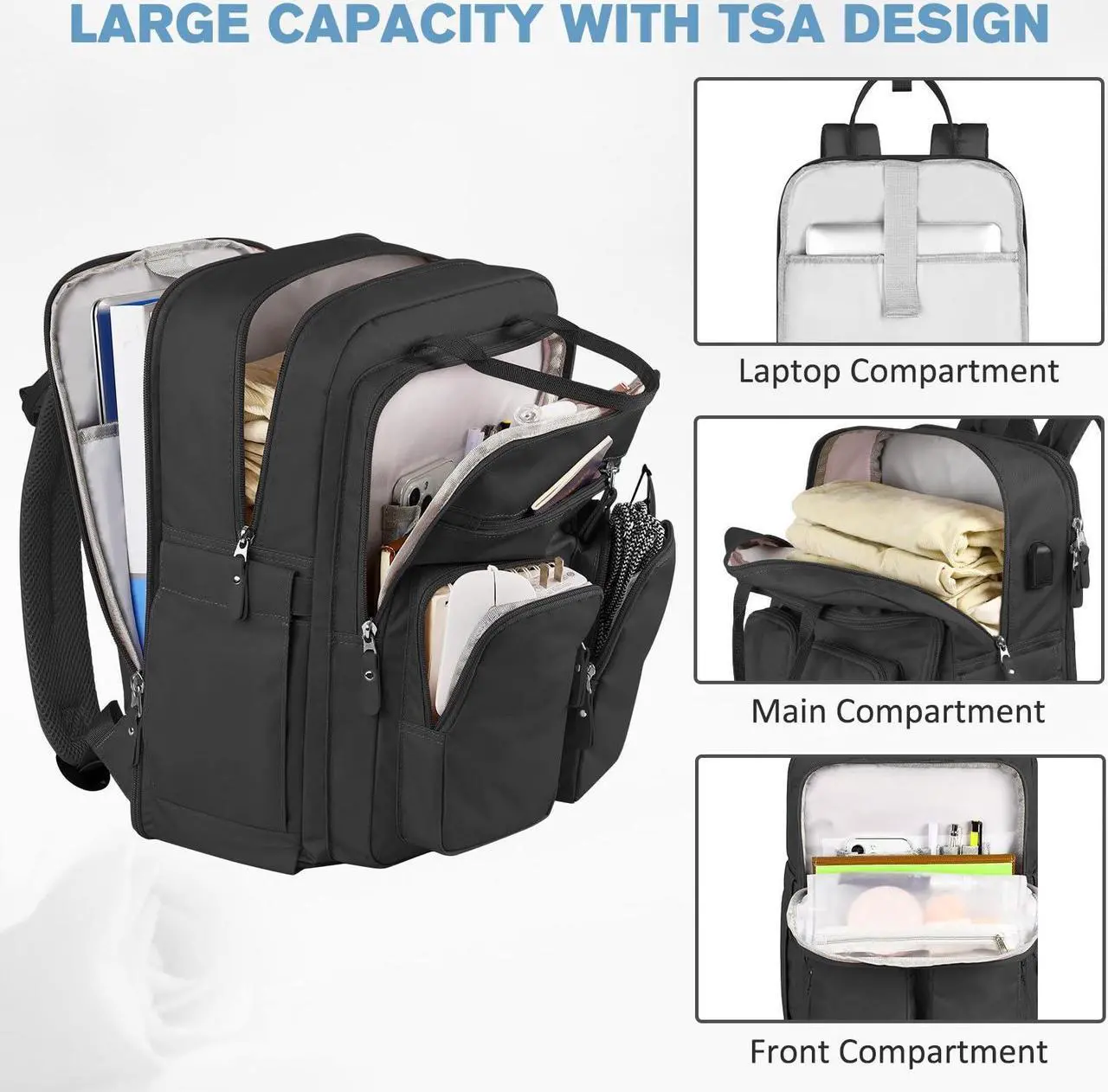 Alt view image 2 of 5 - Mancro Travel Backpack for Women with TSA Laptop Compartment, 15.6 Inch Laptop Backpack with USB Charging Port and Dry-Wet Pocket, Fashion Computer Backpack for Women, Black