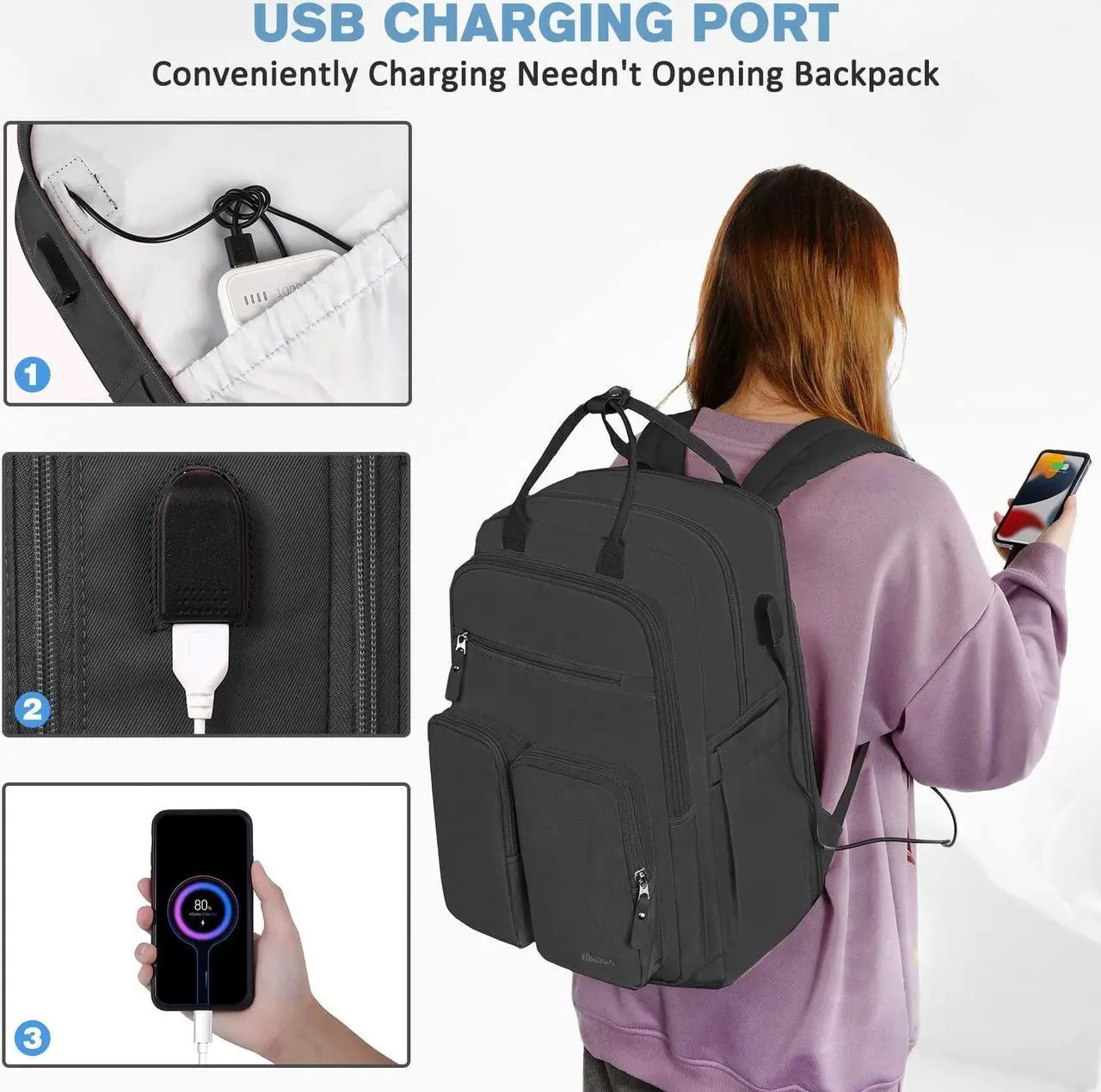 Alt view image 5 of 5 - Mancro Travel Backpack for Women with TSA Laptop Compartment, 15.6 Inch Laptop Backpack with USB Charging Port and Dry-Wet Pocket, Fashion Computer Backpack for Women, Black