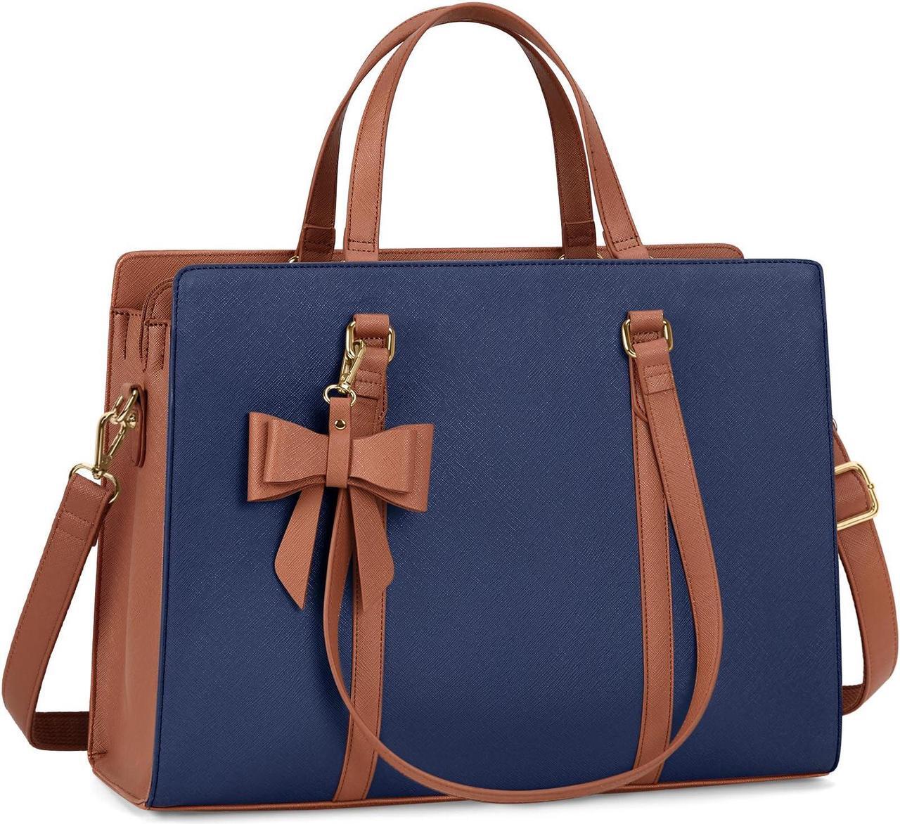 Main image of Laptop Bag for Women 15.6 inch Laptop Tote Bag Waterproof Leather Computer Bag Large Lightweight Briefcase Professional Business Office Work Bag, Blue Brown