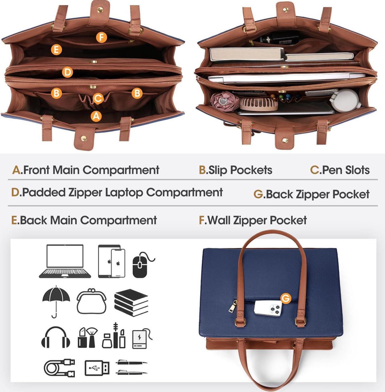 Alt view image 2 of 5 - Laptop Bag for Women 15.6 inch Laptop Tote Bag Waterproof Leather Computer Bag Large Lightweight Briefcase Professional Business Office Work Bag, Blue Brown