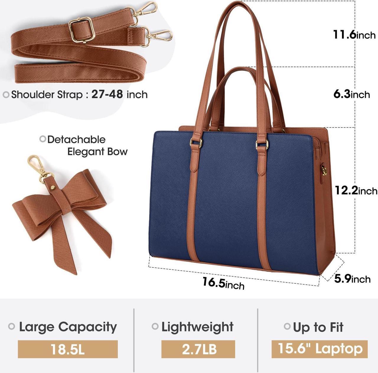 Alt view image 3 of 5 - Laptop Bag for Women 15.6 inch Laptop Tote Bag Waterproof Leather Computer Bag Large Lightweight Briefcase Professional Business Office Work Bag, Blue Brown