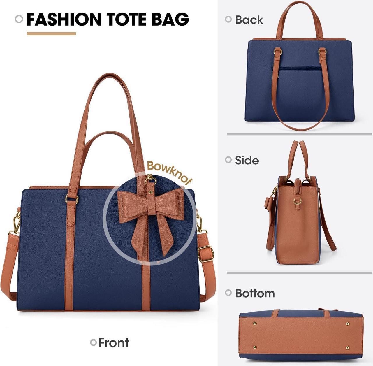 Alt view image 5 of 5 - Laptop Bag for Women 15.6 inch Laptop Tote Bag Waterproof Leather Computer Bag Large Lightweight Briefcase Professional Business Office Work Bag, Blue Brown