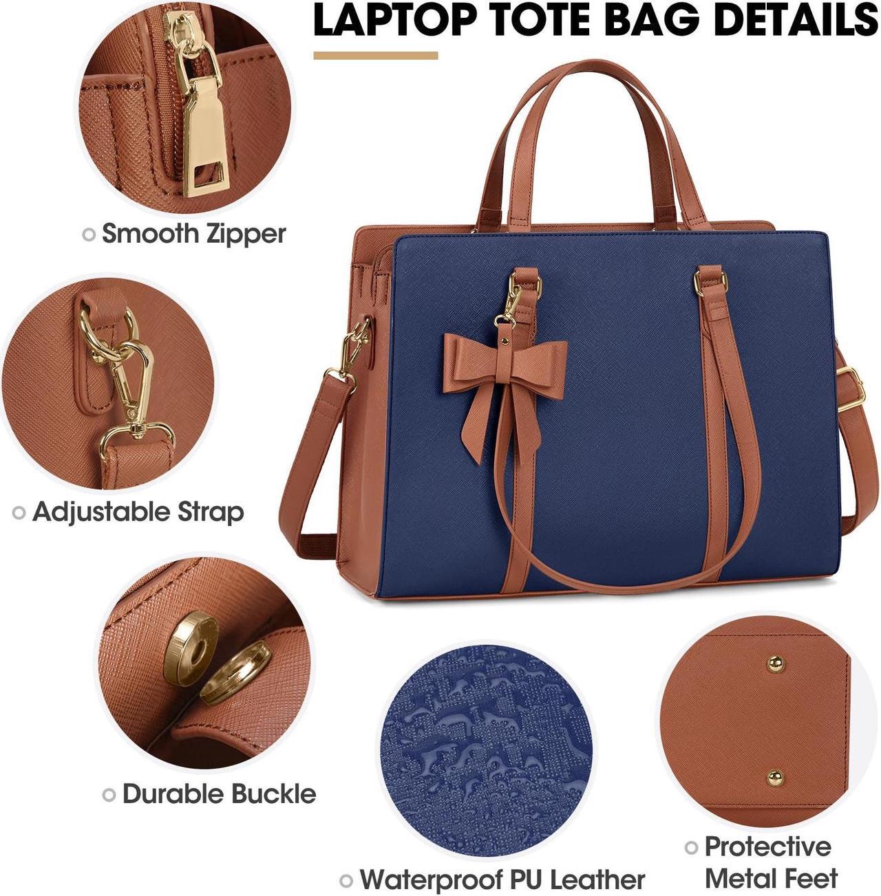 Alt view image 4 of 5 - Laptop Bag for Women 15.6 inch Laptop Tote Bag Waterproof Leather Computer Bag Large Lightweight Briefcase Professional Business Office Work Bag, Blue Brown