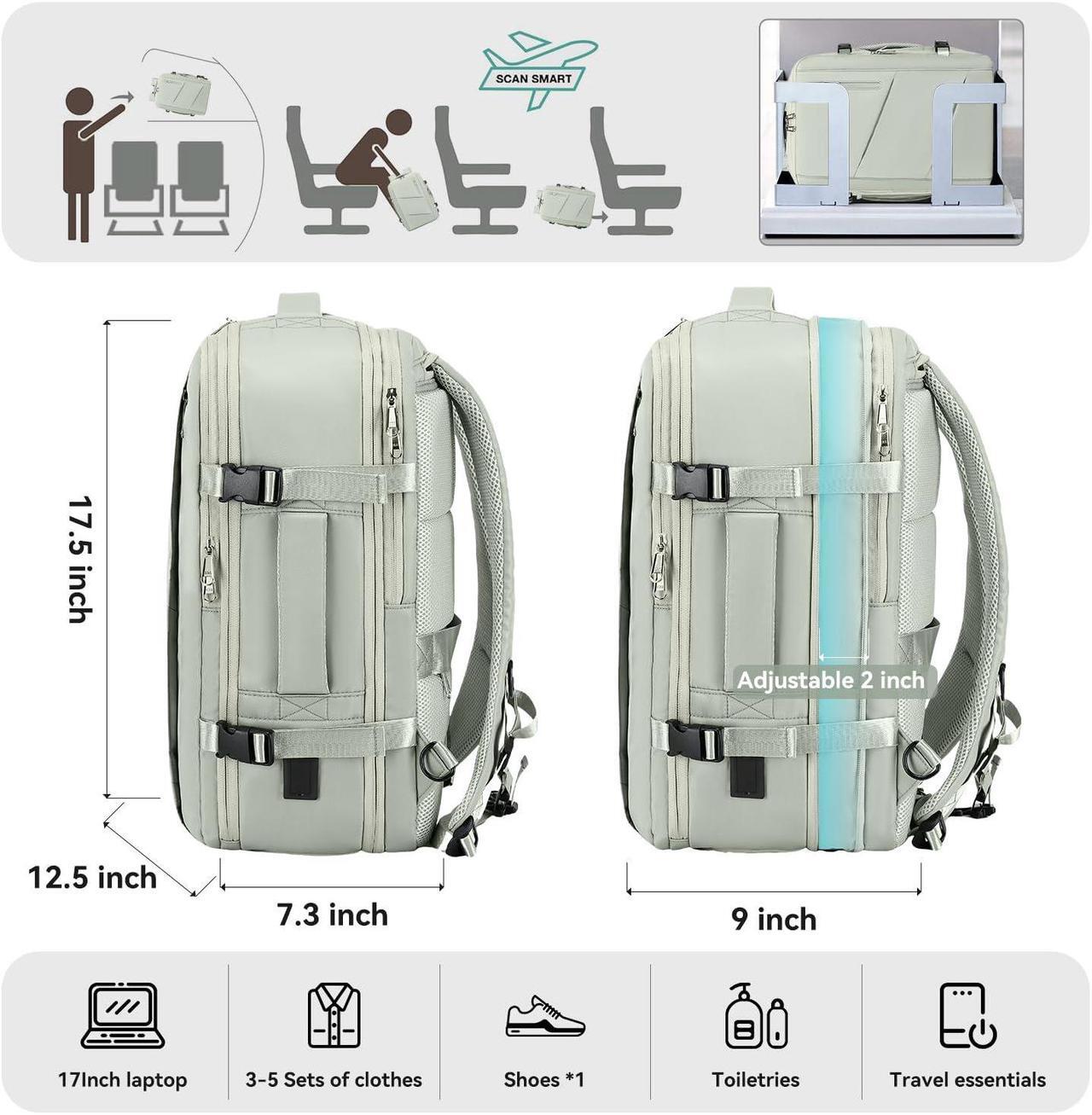 Alt view image 3 of 5 - Carry on Travel Backpack for Men Women, Extra Large 40L Flight Approved Expandable Suitcase With USB/Type-C Charging Port, Victoriatourist Water Resistant Luggage Daypack Business Weekender Bag, Green