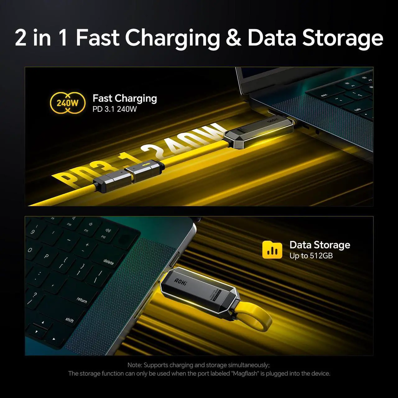 Alt view image 2 of 5 - AOHI DIY 240W USB C Cable Set with 512GB USB C Flash Drive, 2-in-1 PD 3.1 Fast Charging and Data Storage Cable Set with USB 3.2 Gen2 Type C SSD USB Drive for MacBook, iPhone 16,Galaxy S24,Amber