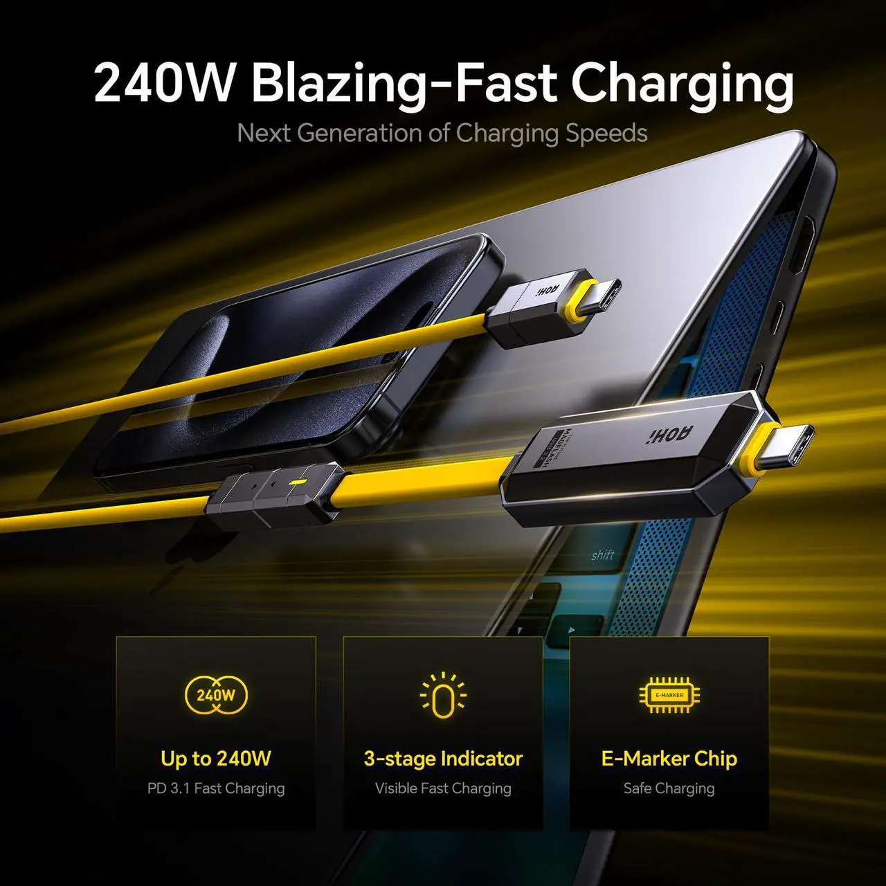Alt view image 4 of 5 - AOHI DIY 240W USB C Cable Set with 512GB USB C Flash Drive, 2-in-1 PD 3.1 Fast Charging and Data Storage Cable Set with USB 3.2 Gen2 Type C SSD USB Drive for MacBook, iPhone 16,Galaxy S24,Amber