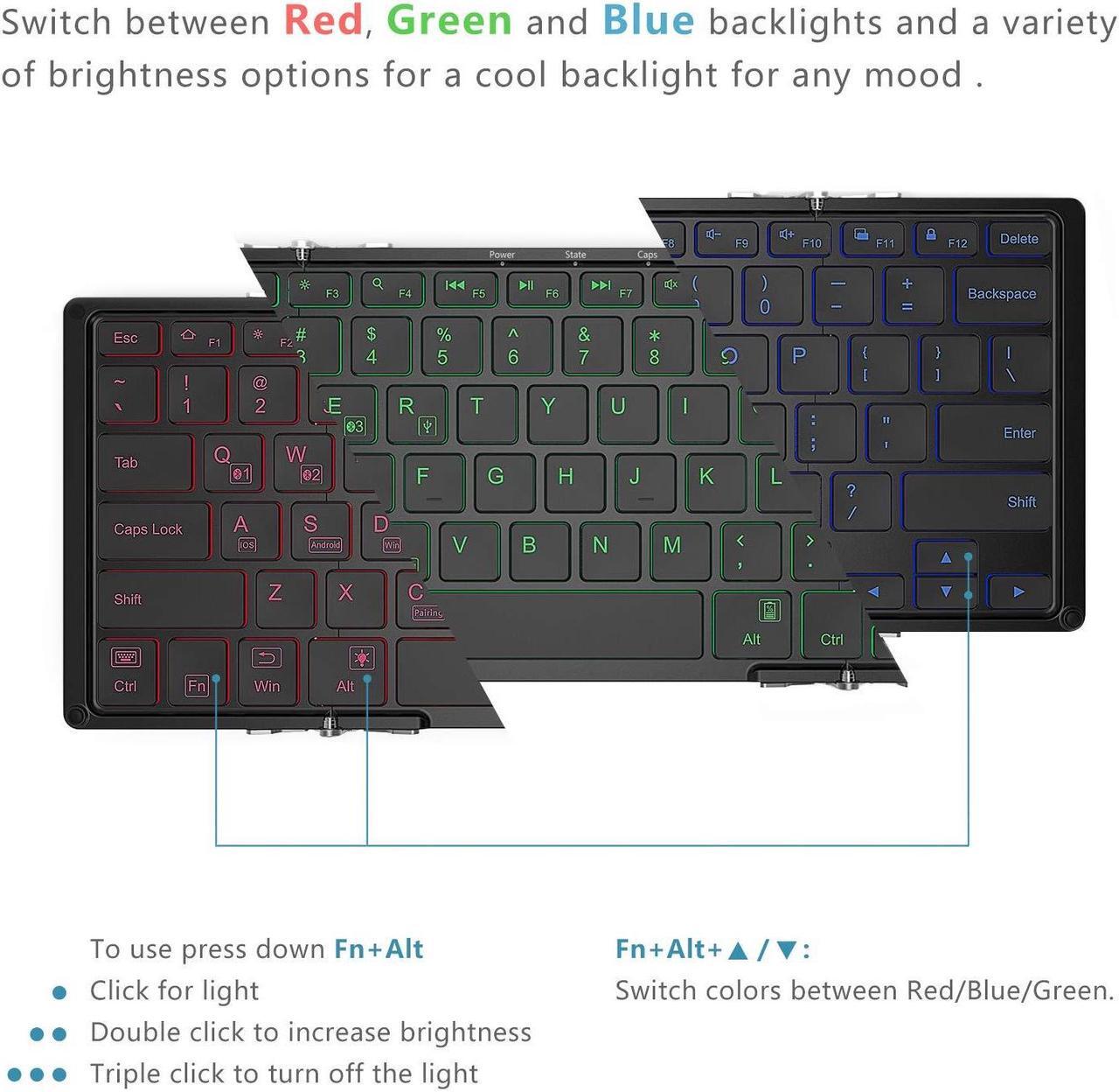 Alt view image 2 of 5 - iClever BK05 Bluetooth Keyboard with 3-Color Backlight, Bluetooth 5.1 Multi-Device Foldable Keyboard with Aluminum Alloy Base for iOS Windows Android Tablets, Smartphones, Laptops, PC and More