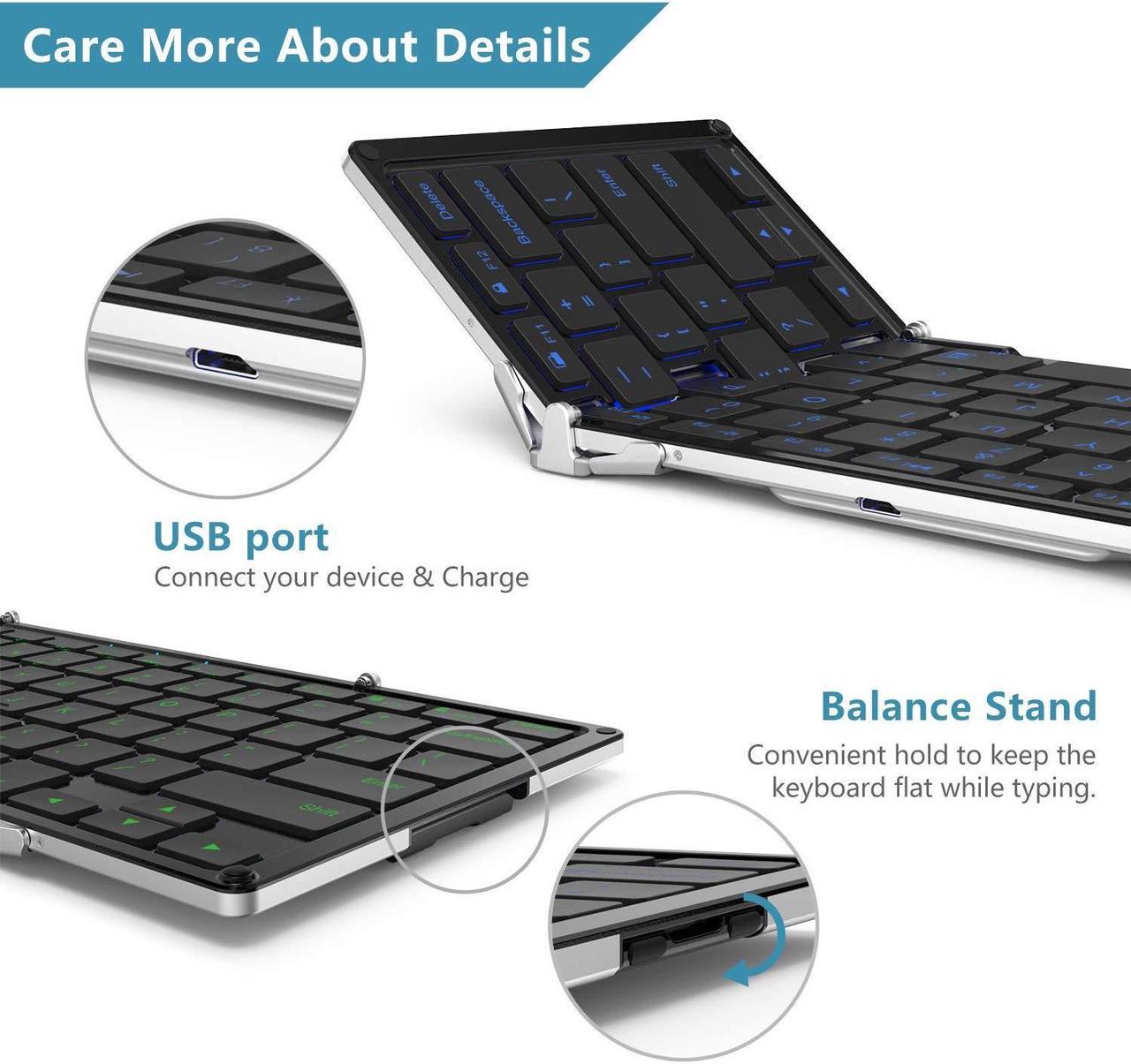 Alt view image 3 of 5 - iClever BK05 Bluetooth Keyboard with 3-Color Backlight, Bluetooth 5.1 Multi-Device Foldable Keyboard with Aluminum Alloy Base for iOS Windows Android Tablets, Smartphones, Laptops, PC and More
