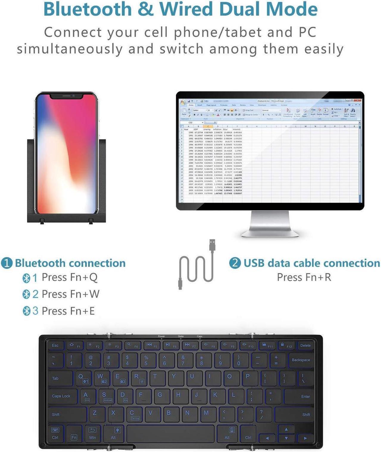 Alt view image 5 of 5 - iClever BK05 Bluetooth Keyboard with 3-Color Backlight, Bluetooth 5.1 Multi-Device Foldable Keyboard with Aluminum Alloy Base for iOS Windows Android Tablets, Smartphones, Laptops, PC and More