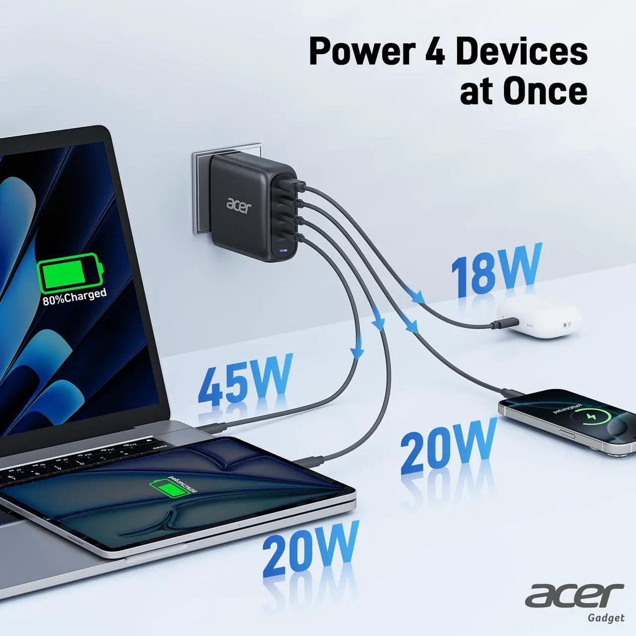 Alt view image 3 of 5 - Acer 100W USB C Charger Block, 4-Port Fast GaN  Desktop Charger with Power Extension Cable, Compatible with MacBook Pro/Air, iPhone 16 Series, Galaxy S24, iPad Pro, Acer Laptop, Nitro 5, etc