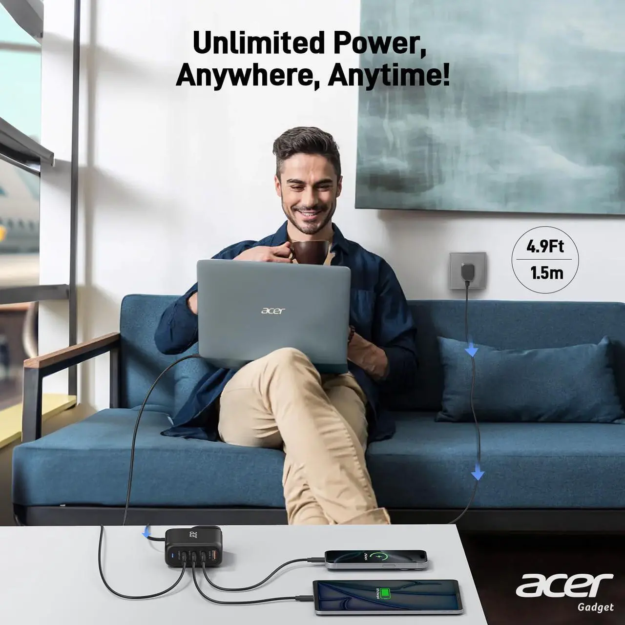 Alt view image 4 of 5 - Acer 100W USB C Charger Block, 4-Port Fast GaN  Desktop Charger with Power Extension Cable, Compatible with MacBook Pro/Air, iPhone 16 Series, Galaxy S24, iPad Pro, Acer Laptop, Nitro 5, etc
