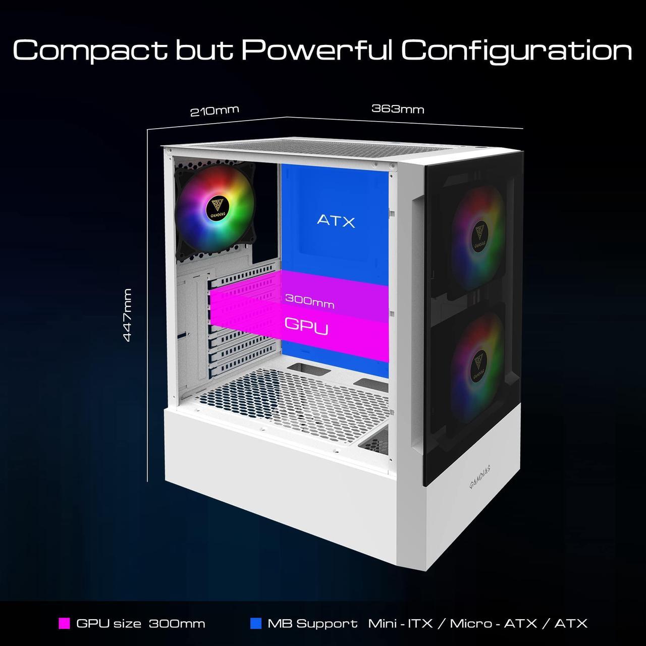 Alt view image 3 of 5 - GAMDIAS White RGB Gaming ATX Mid Tower Computer PC Case with Side Tempered Glass Panel and a Magnetic Dust Filter & 3 Built-in 120mm ARGB Fans