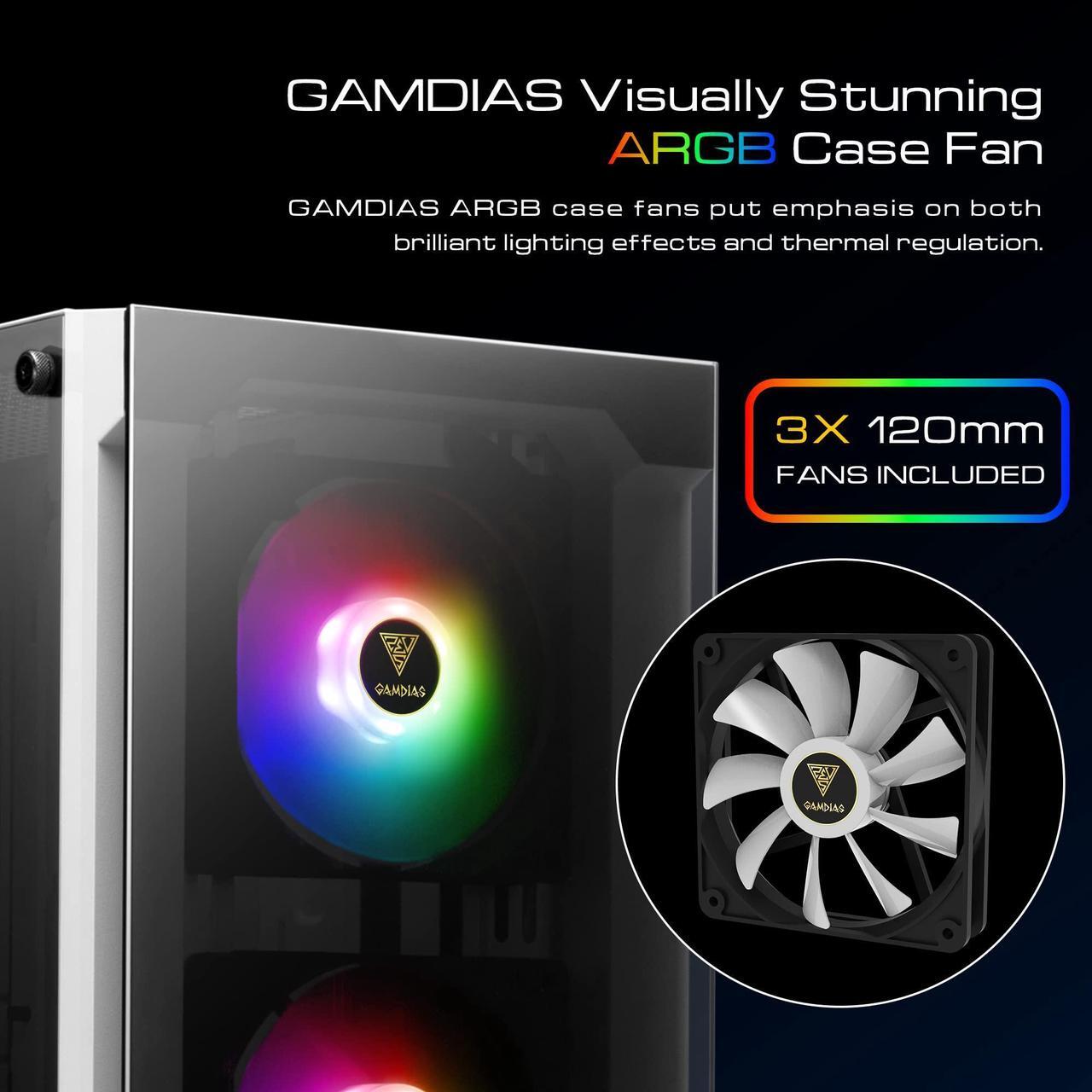 Alt view image 2 of 5 - GAMDIAS White RGB Gaming ATX Mid Tower Computer PC Case with Side Tempered Glass Panel and a Magnetic Dust Filter & 3 Built-in 120mm ARGB Fans