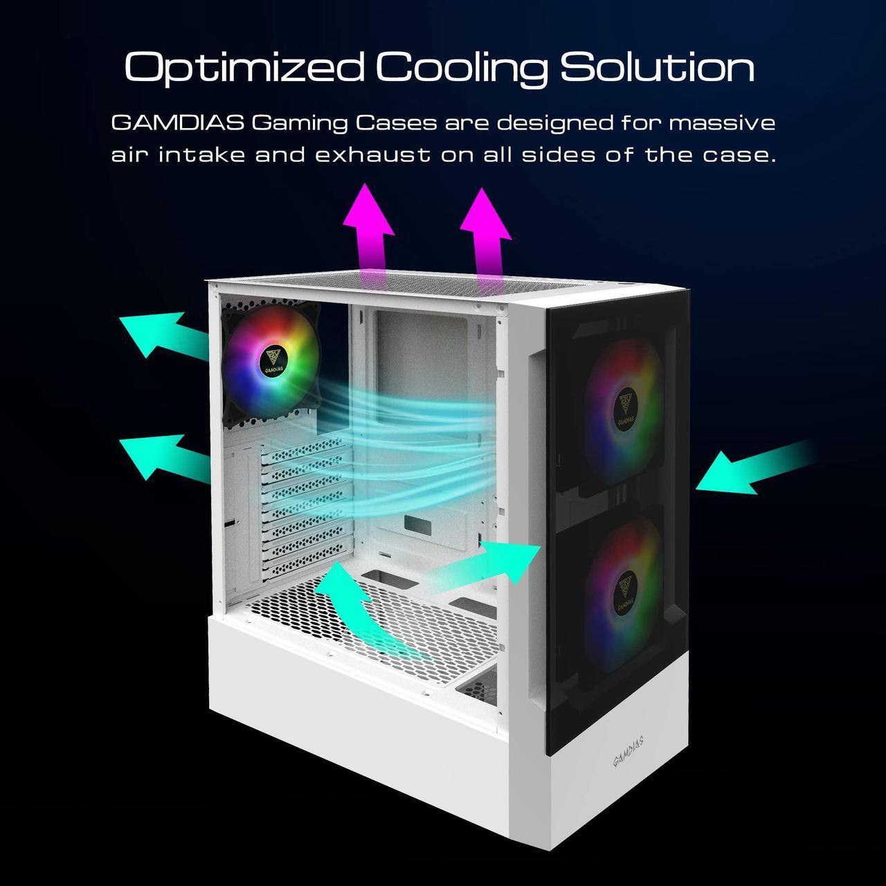 Alt view image 5 of 5 - GAMDIAS White RGB Gaming ATX Mid Tower Computer PC Case with Side Tempered Glass Panel and a Magnetic Dust Filter & 3 Built-in 120mm ARGB Fans