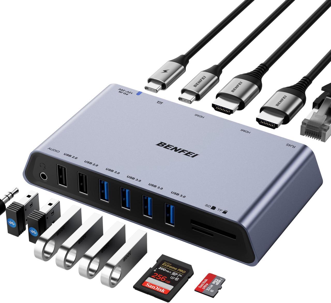 Main image of BENFEI DisplayLink 12-in-1 USB 3.0 Universal Docking Station with Dual HDMI Display/6*USB Ports/SD/TF Card Reader/Gigabit Ethernet Network/3.5mm Female Headphone Jack Compatible with Windows and Mac