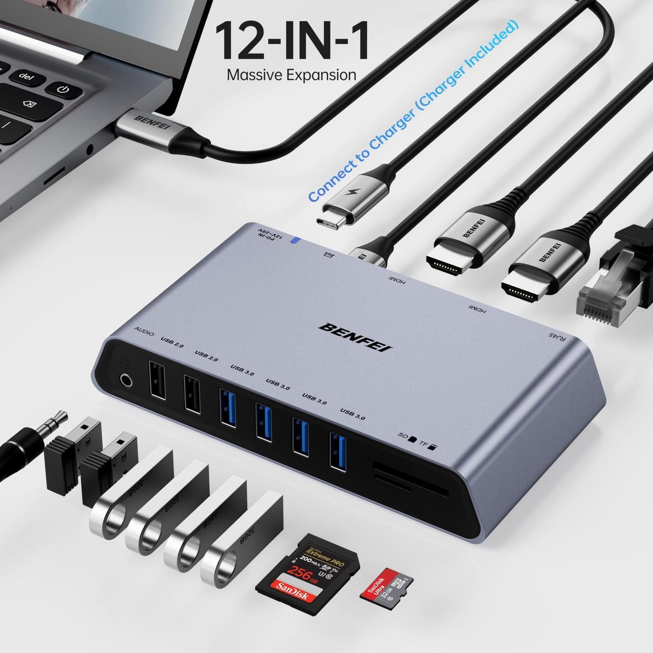 Alt view image 2 of 5 - BENFEI DisplayLink 12-in-1 USB 3.0 Universal Docking Station with Dual HDMI Display/6*USB Ports/SD/TF Card Reader/Gigabit Ethernet Network/3.5mm Female Headphone Jack Compatible with Windows and Mac