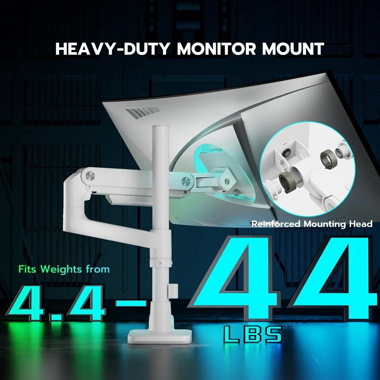 Alt view image 3 of 5 - ARES WING Ultrawide Monitor Mount with USB A/C, with Extended Column for 17 to 49 inch Heavy Duty Monitor, Holds 44 lbs, Adjustable Gas Spring Desk Mount, White