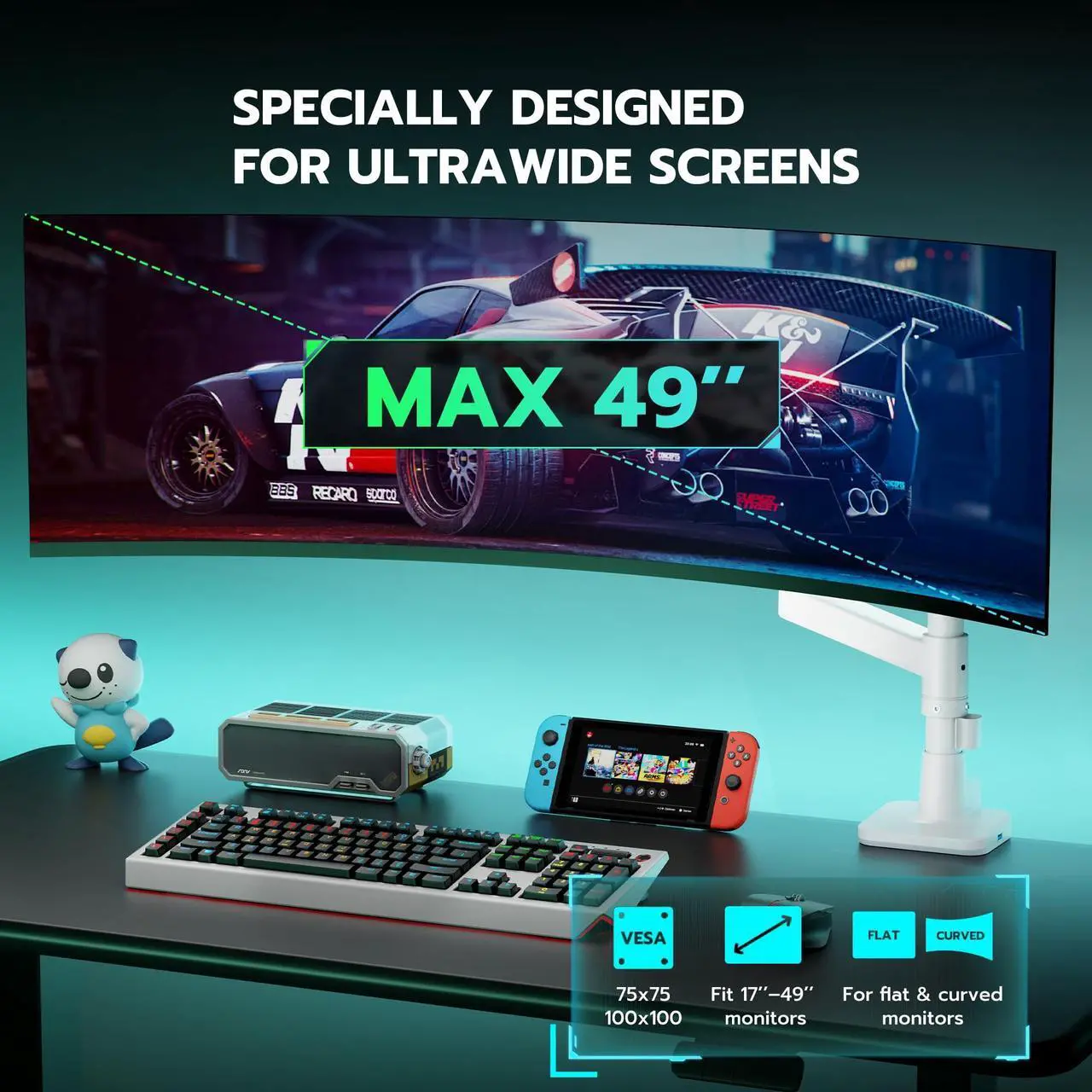 Alt view image 4 of 5 - ARES WING Ultrawide Monitor Mount with USB A/C, with Extended Column for 17 to 49 inch Heavy Duty Monitor, Holds 44 lbs, Adjustable Gas Spring Desk Mount, White